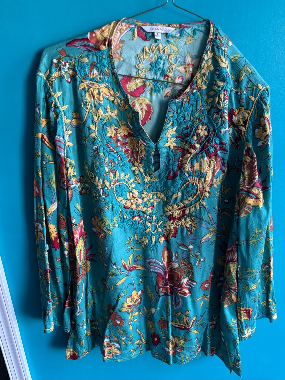 John Mark Teal Floral Embroidered V-Neck Tunic